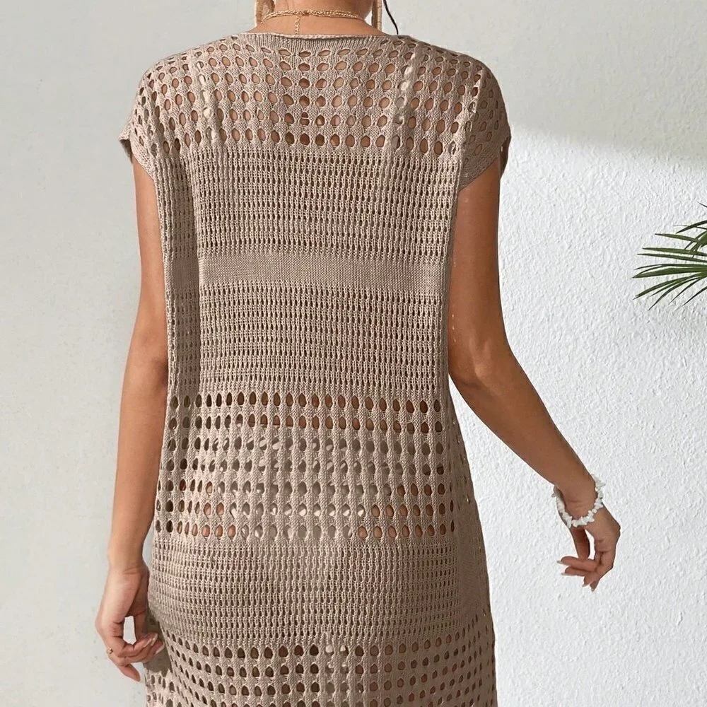 Khaki Boho Women's Hollow Out Batwing Sleeve Cover Up Dress